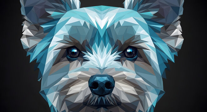  "Geometric low-poly vector illustration of a dog's face. Polygons in shades of blue, teal, and silver. Modern tech style, dark background, digital art."