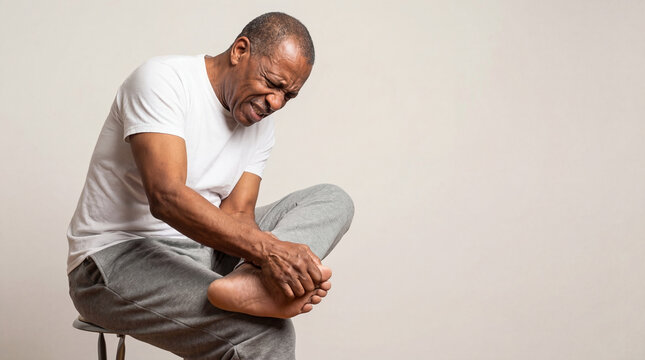 African american man touching his sore foot in pain. Senior sitting in chair feeling leg injury. Healthcare concept with copy space on isolated background for medical article design.
