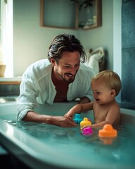 Obraz premium Father plays with baby in bathtub using colorful toys during bath time.