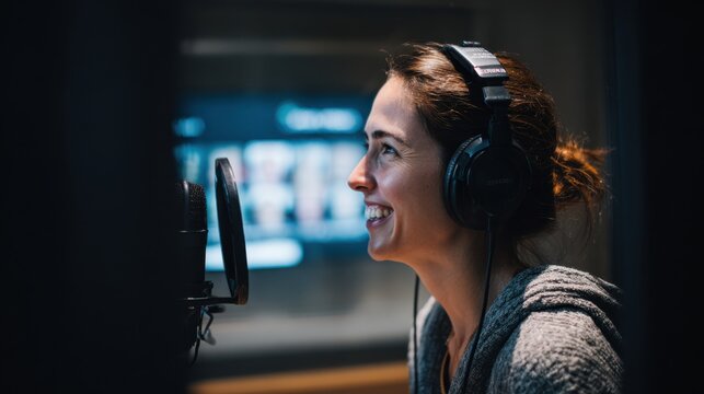 Medium shot of a user inside an AIpowered pronunciation booth speaking into a microphone with a blurred background focused on facial expressions and voice feedback screen.