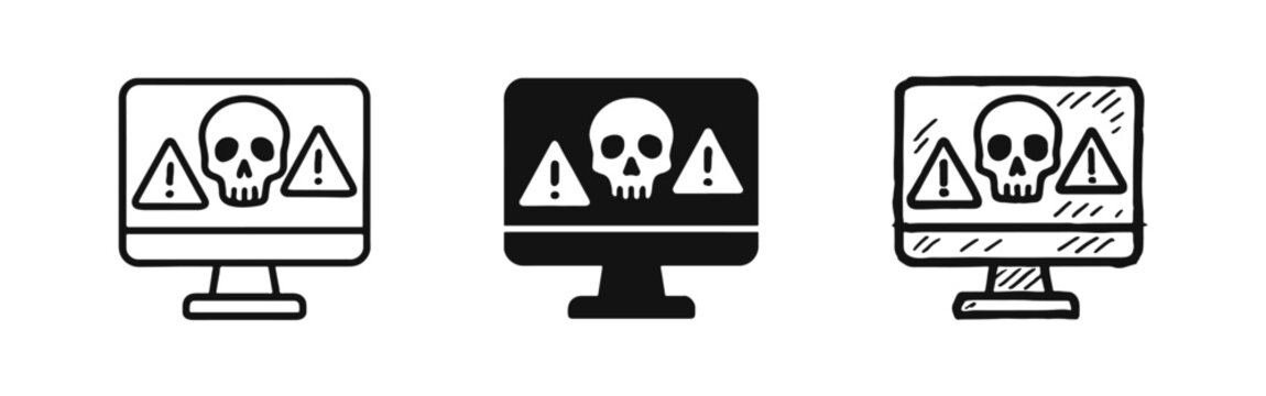 Computer virus and cyber attack icon set in outline, solid, and hand-drawn styles