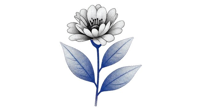 Blue textured flower drawing with stippled shading and petals. Minimalist botanical art for home decor and posters. Single blossom growing with artistic ink dot technique.