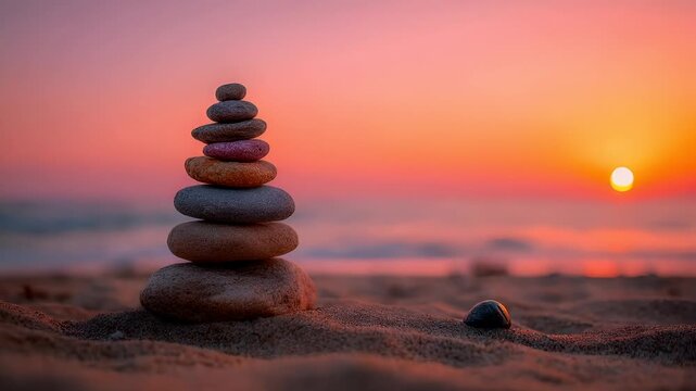 Zen Buddhism, meditation, inner peace, Chinese Japanese Asian tradition. Therapy stress release treatment, health lifestyle. A serene sunset scene features a stack of pebbles balanced on sandy beach.