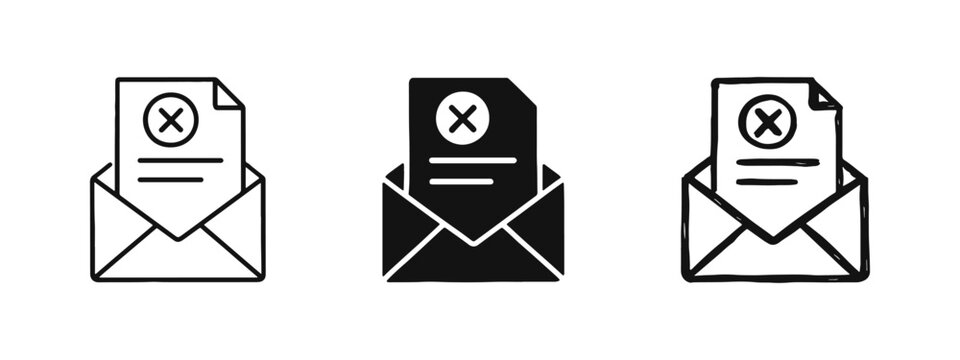 Rejected email or message icon set in outline, solid, and hand-drawn styles