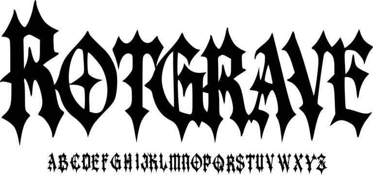 ROTGRAVE Gothic Blackletter Display Font Alphabet &ndash; Sharp Medieval Decorative Typeface with Dark Metal Style for Death Metal Logos, Album Covers, Fantasy Branding, and Classic Gothic Typography