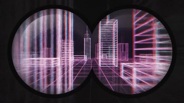 Vector illustration of a binocular view effect featuring chromatic aberration and lens distortion on a translucent background for digital vision surveillance and optical observation interface.