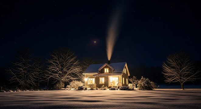 Snowy Night Scene with Illuminated House.