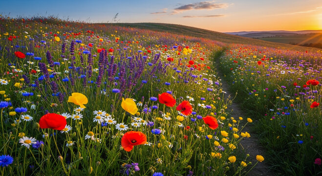 Vibrant wildflower meadow bathed in golden sunset light