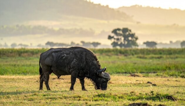 African Buffalo Grazing in a Lush Green Savannah Landscape at Sunrise.