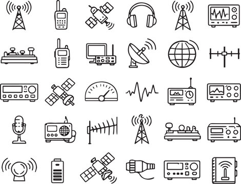 World Amateur Radio Day Thin Line Icons Set in 2x Grid Layout Minimal Black Monochrome Communication Symbols