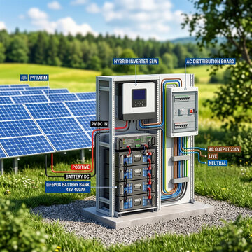 Solar farm and solar power hybrid inverter system with lifepo4 battery bank and bms against the backdrop of summer nature. Solar power plant energy system, ai generated