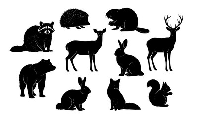 Wildlife animal silhouettes in circular layout with raccoon hedgehog deer wolf bear rabbit black vector illustration © RINA