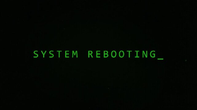Retro computer system screen reboot animation on dark background. 4k