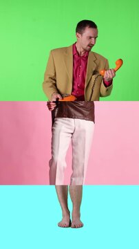 Funny character switch collage with people changing outfits and roles colorful stop motion sequence. Concept of identity shift, humor, lifestyle contrast, personality change and playful storytelling