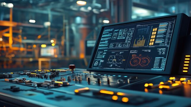 Control panel displaying operational metrics in a high-tech industrial facility during evening hours.