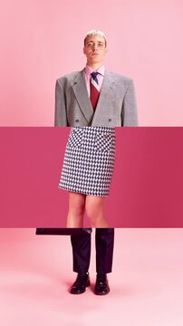 Collage style stop motion with mixed characters and outfit combinations on vibrant colors. Concept of personal style diversity, bold fashion choices, lifestyle expression and outfit experimentation
