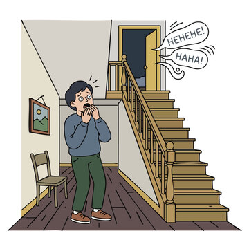 Man reacts with shock and fear to laughter from upstairs.