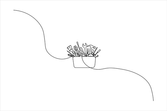 Continuous one-line drawing of a toolbox with various hand tools for Labour Day. Minimalist vector illustration for construction and manual work.
