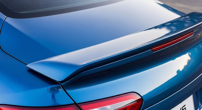Closeup of a sleek blue car spoiler with integrated brake light automotive design.