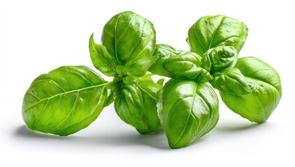 Fototapeta premium Lush green basil sprigs with detailed veins on a white background