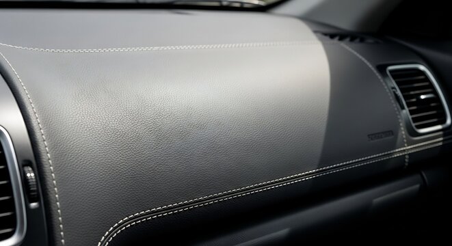 Closeup of a sleek car dashboard with a modern design and luxurious interior.
