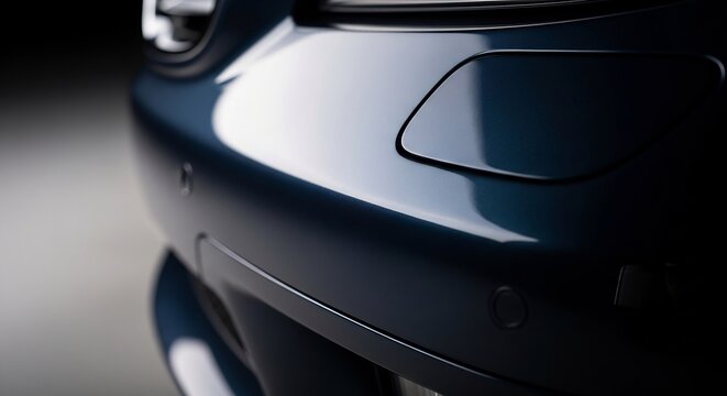 Closeup of a sleek dark blue car bumper with a modern design and glossy finish.