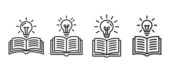 Fototapeta premium Open books with glowing lightbulbs symbolizing new ideas, knowledge, and innovation icons.