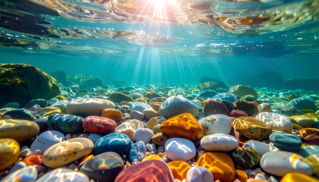 Underwater view of colorful pebbles with sun rays