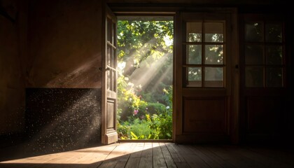 Fototapeta premium Old open door with sunlight creating light beams