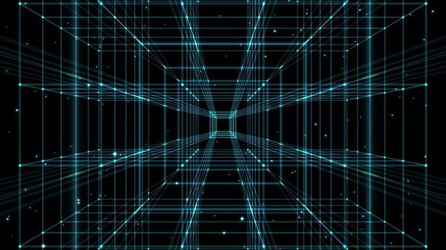 abstract transparent cube corridor from bright lines and nodes isolated on black background, 3d animation for chip industry, data, ai and virtual reality