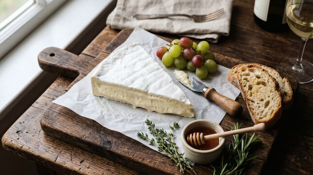 Brie Board Bliss Creamy Cheese with Grapes, Honey, and Wine  Crusty Bread.