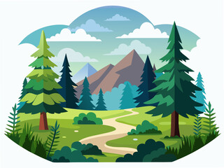 Obraz premium Nature landscape. Coniferous forest clearing scenery. Fir, spruce trees, grass in woodland. Conifer countryside, sky and clouds. Flat vector illustration isolated on white background