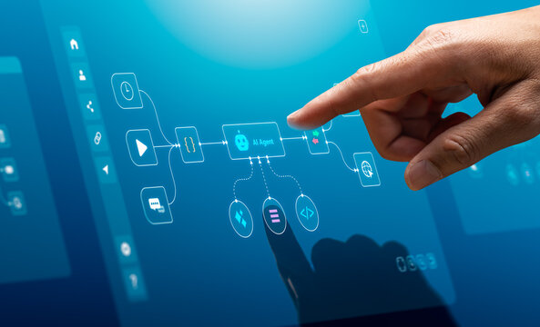 Hand pointing at digital workflow interface with AI agent node, process flow diagram, and connected system icons, representing automation workflow, data integration, and intelligent system operation