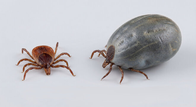 Scientific comparison of ticks showing unfed and engorged stages, isolated on clean background. Detailed macro view for medical, educational and biology concepts