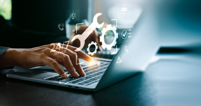 IT support and technical service concept with business professional using laptop, wrench and gear icons, 24/7 service assistance, system maintenance, and customer support technology