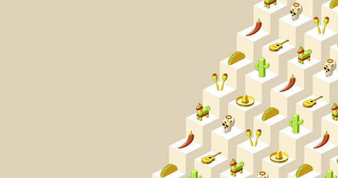 Cinco de mayo themed title page with isometric icons and geometric background