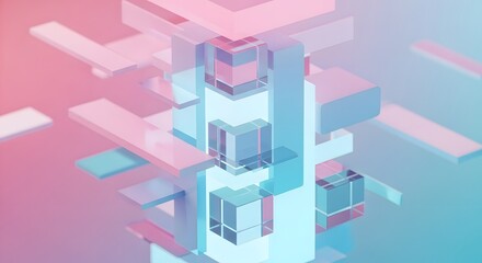Fototapeta premium Vertical data structure and computing infrastructure. System architecture and cloud hosting. Layered glass blocks and rectangular panels forming a technological tower