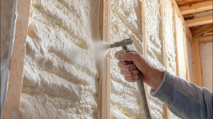 Builder spraying expanding foam insulation between wall studs, detailed view of foam texture filling gaps