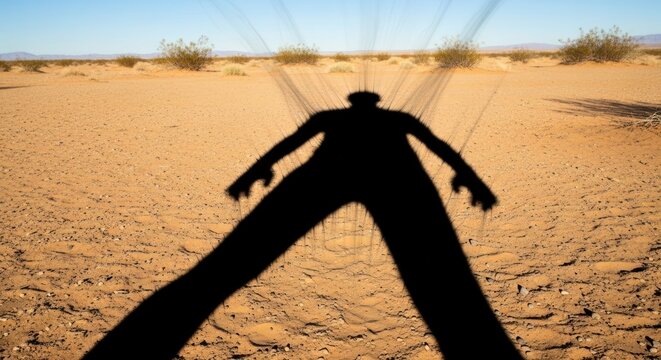 Dark shadowy figure disintegrating in a vast desert landscape