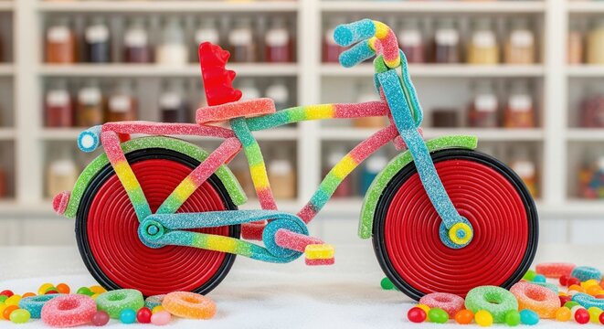 Colorful miniature bicycle made of various gummy and jelly candies on sweet shop background