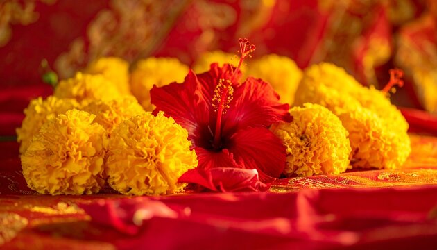Close up of festive marigold and hibiscus blossoms for Bengali New Year Poila Baisakh
