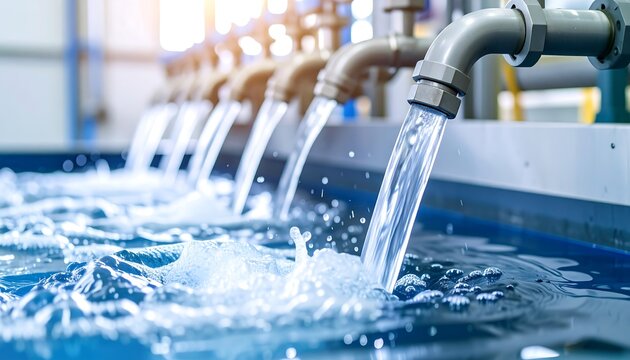 Faucets continually streaming into a tank of clear, bright water, with many splashes and bubbles are captured close-up