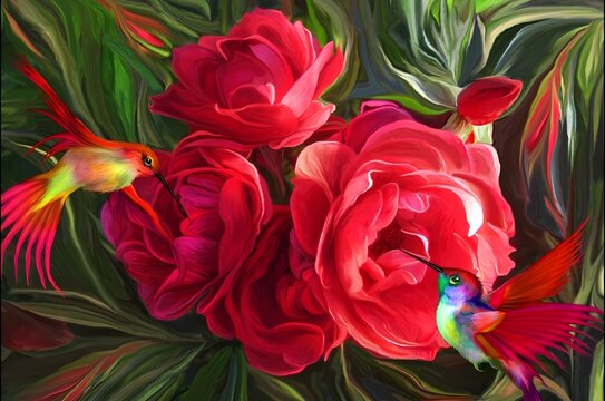 The harmony of nature in brushstrokes. A symphony of colors between blossoming red roses and agile colibris creates a vibrant energy.