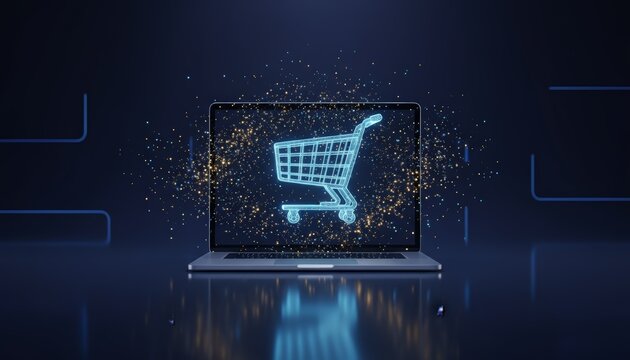 Laptop screen with a glowing wireframe shopping cart and floating particles on a dark blue background, symbolizing e commerce, online retail, digital transactions and modern commerce