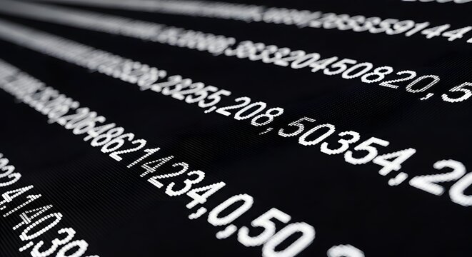Digital binary code and numerical data stream. Financial technology and big data analytics concept. Rows of white glowing numbers displayed on a dark electronic screen