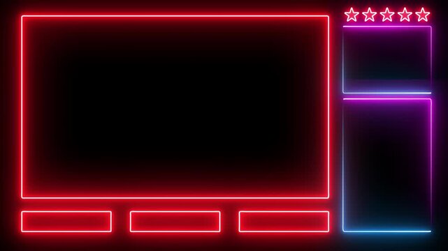 Neon glowing animated intermission stream overlay with hud facecam border, chat frame design for live broadcast visuals. Red, blue, and purple color. 4k video.