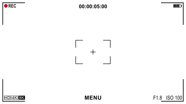 Camera recording screen overlay full battery video animation with 4K resolution size white background. Overlay template smartphone mockup.