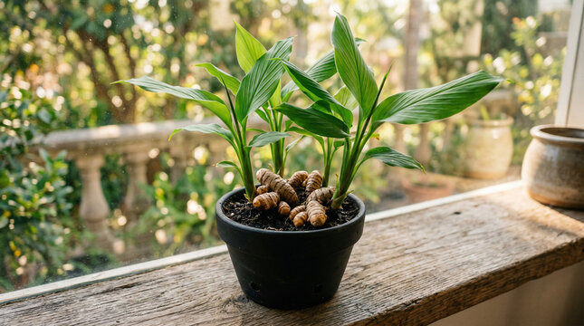 Young turmeric plant growing in black pot on wooden shelf by window with kitchen garden indoor plant home grown root spice kitchen herb window sill plant life food ingredient spice production