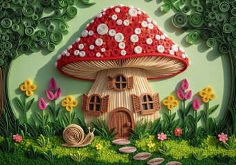 Naklejka premium Paper quilling art of red mushroom house with small windows snail and bright summer flowers