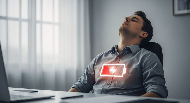 Exhausted worker with low battery indicator on body symbolizing lack of energy, burnout, fatigue, stress, and mental exhaustion in modern fast paced corporate lifestyle